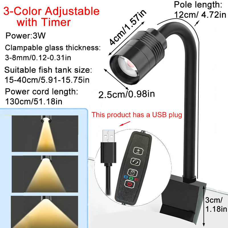 Aquarium Fish Light Lamp - USB 3W Zuid-Amerikaanse Aquariumspotlight 3-kleurig dimbaar